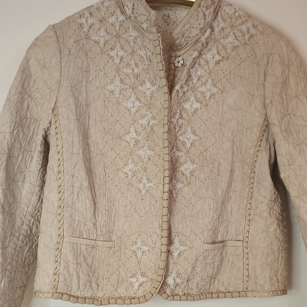 Prada Style Italian Jacket Cotton Neutral Short Quilted Embroidered No Tags - Picture 2 of 16